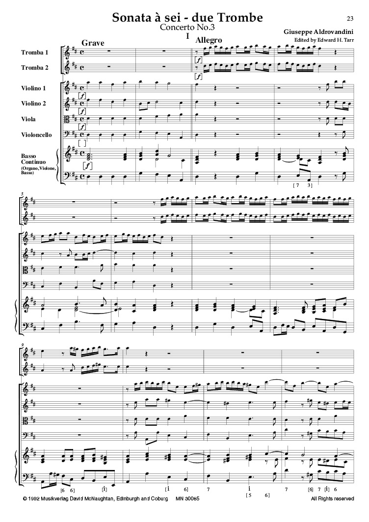 ALDROVANDINI 3 Concerti per due Trombe D major Score+Parts